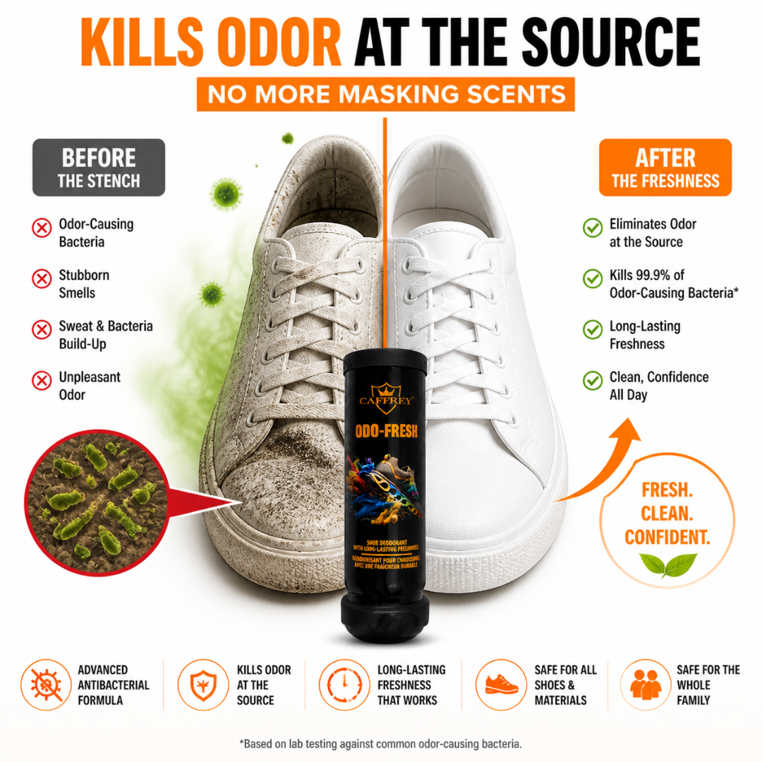 Caffrey Odo Fresh Shoe Spray – Travel-Friendly Shoe Deodorizer with Antibacterial Formula, Pleasant Fragrance, Dual-Sided Spray for Full Coverage, Lockable Cap, 100ml, Eliminates Odor and Bacteria
