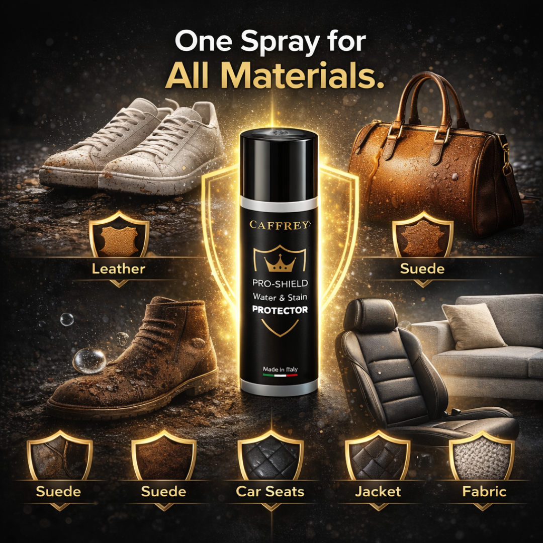 Caffrey Pro-Shield Waterproof Spray 250ml – Leather, Suede & Fabric Protector | Stain & Water Repellent for Shoes, Bags, Car Seats | Made in Italy
