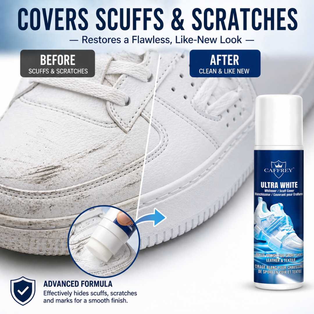 Caffrey Ultra White Shoe Polish & Scuff Cover — Sneaker Whitener for Canvas, Leather & Rubber