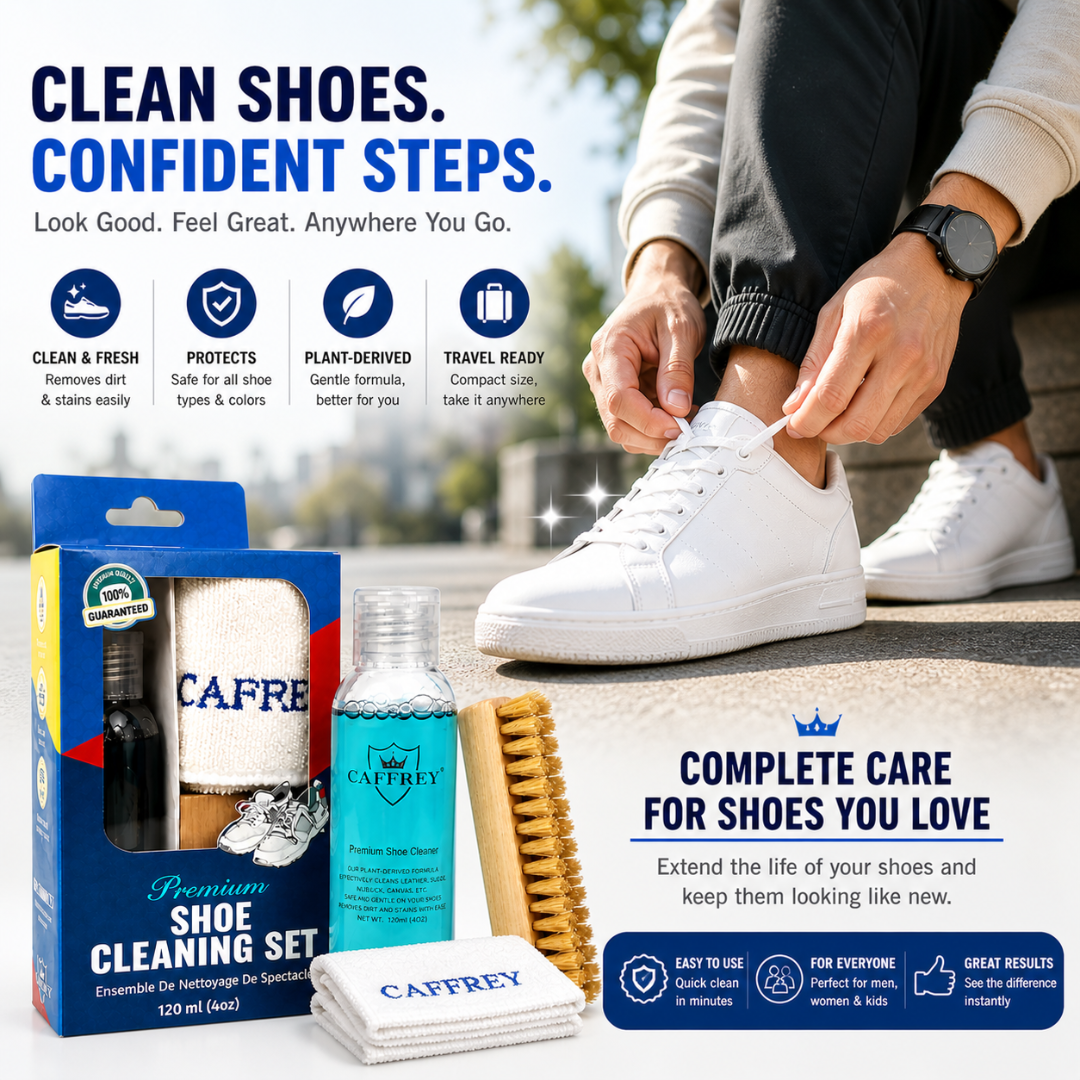 Caffrey Premium Shoe Cleaning Kit – Multi-Surface Leather, Suede & Sneaker Cleaner with Brush, Cleaning Solution & Cloth, Non-Discoloring Formula Safe for White Shoes