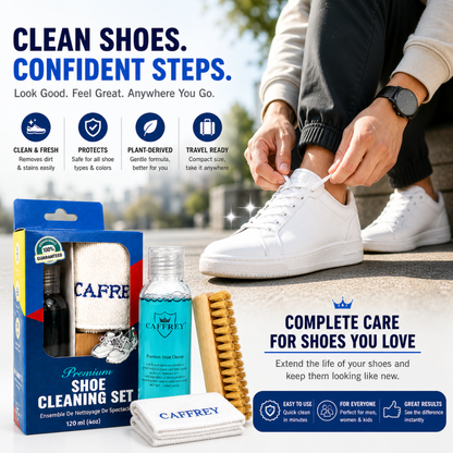 Caffrey Premium Shoe Cleaning Kit – Multi-Surface Leather, Suede & Sneaker Cleaner with Brush, Cleaning Solution & Cloth, Non-Discoloring Formula Safe for White Shoes