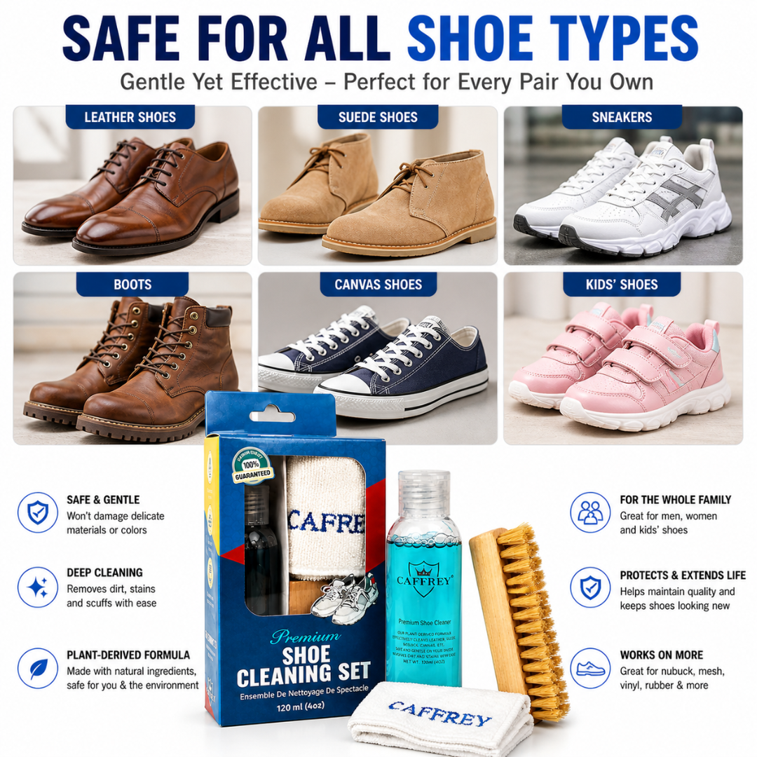 Caffrey Premium Shoe Cleaning Kit – Multi-Surface Leather, Suede & Sneaker Cleaner with Brush, Cleaning Solution & Cloth, Non-Discoloring Formula Safe for White Shoes