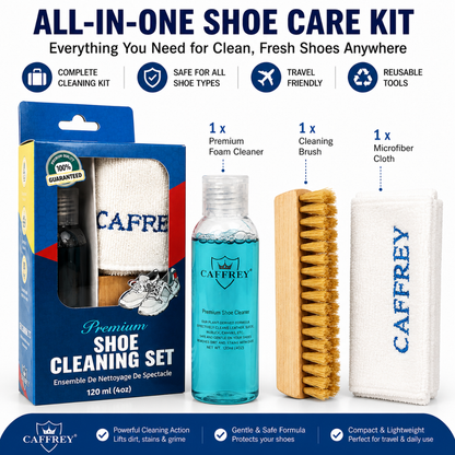 Caffrey Premium Shoe Cleaning Kit – Multi-Surface Leather, Suede & Sneaker Cleaner with Brush, Cleaning Solution & Cloth, Non-Discoloring Formula Safe for White Shoes