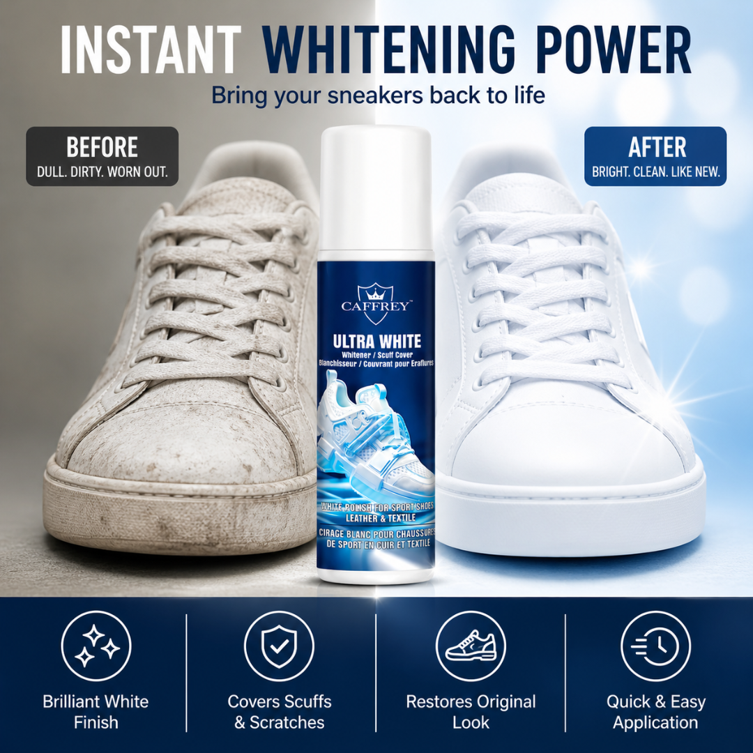 Caffrey Ultra White Shoe Polish & Scuff Cover — Sneaker Whitener for Canvas, Leather & Rubber