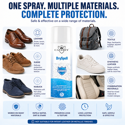 Caffrey DrySpell — All-Purpose Water & Stain Protector Spray, Fabric, Leather, Suede, Canvas, Shoes, Jackets, Car Seats, Long-Lasting Waterproofing & Anti-Stain Protection (24-Hour Shield) 300ml