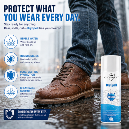 Caffrey DrySpell — All-Purpose Water & Stain Protector Spray, Fabric, Leather, Suede, Canvas, Shoes, Jackets, Car Seats, Long-Lasting Waterproofing & Anti-Stain Protection (24-Hour Shield) 300ml