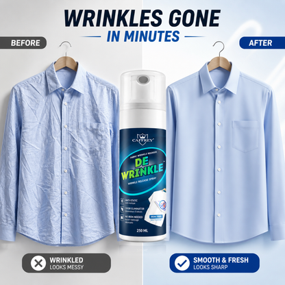 Caffrey DEWRINKLE Fabric Wrinkle Releaser Spray 250ml – No Iron Needed Clothes Wrinkle Remover, Anti-Static & Odor Eliminator, Instant Fabri