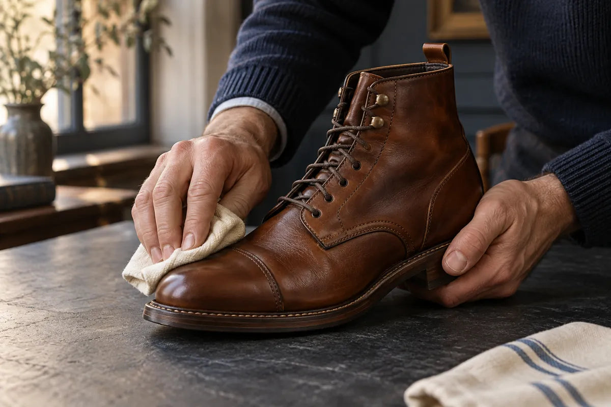 Illustration of hands working a soft cloth over a brown leather cap-toe boot