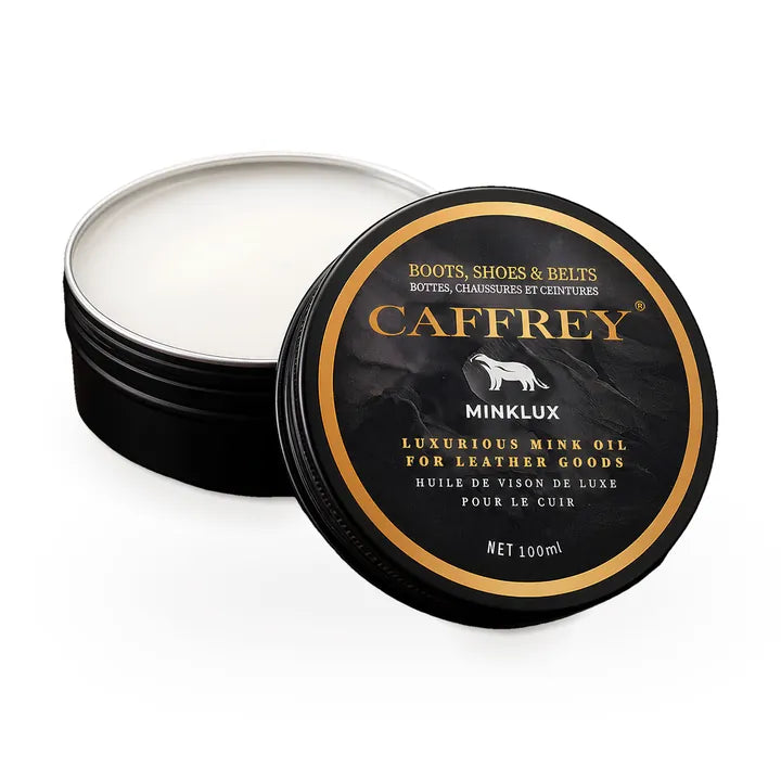 CAFFREY Minklux mink oil tin, open, with white balm