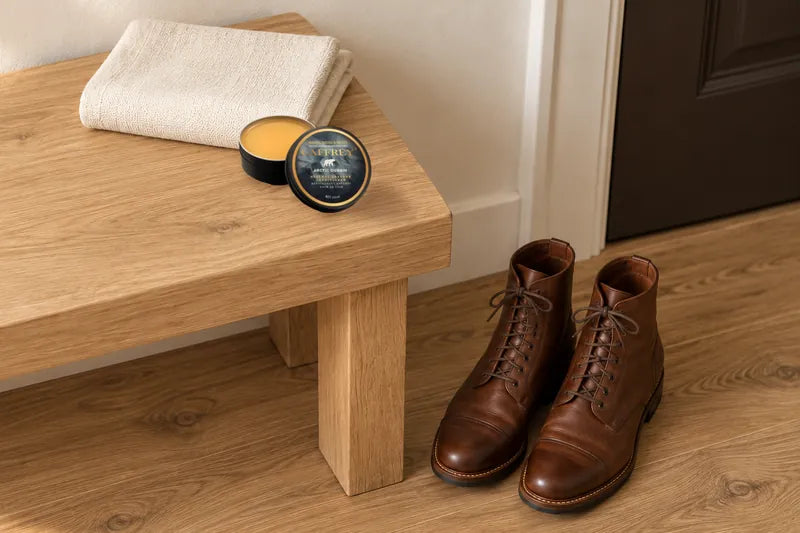 Illustration of an open CAFFREY Arctic Dubbin tin on an oak entryway bench, brown leather boots on the floor by the door.