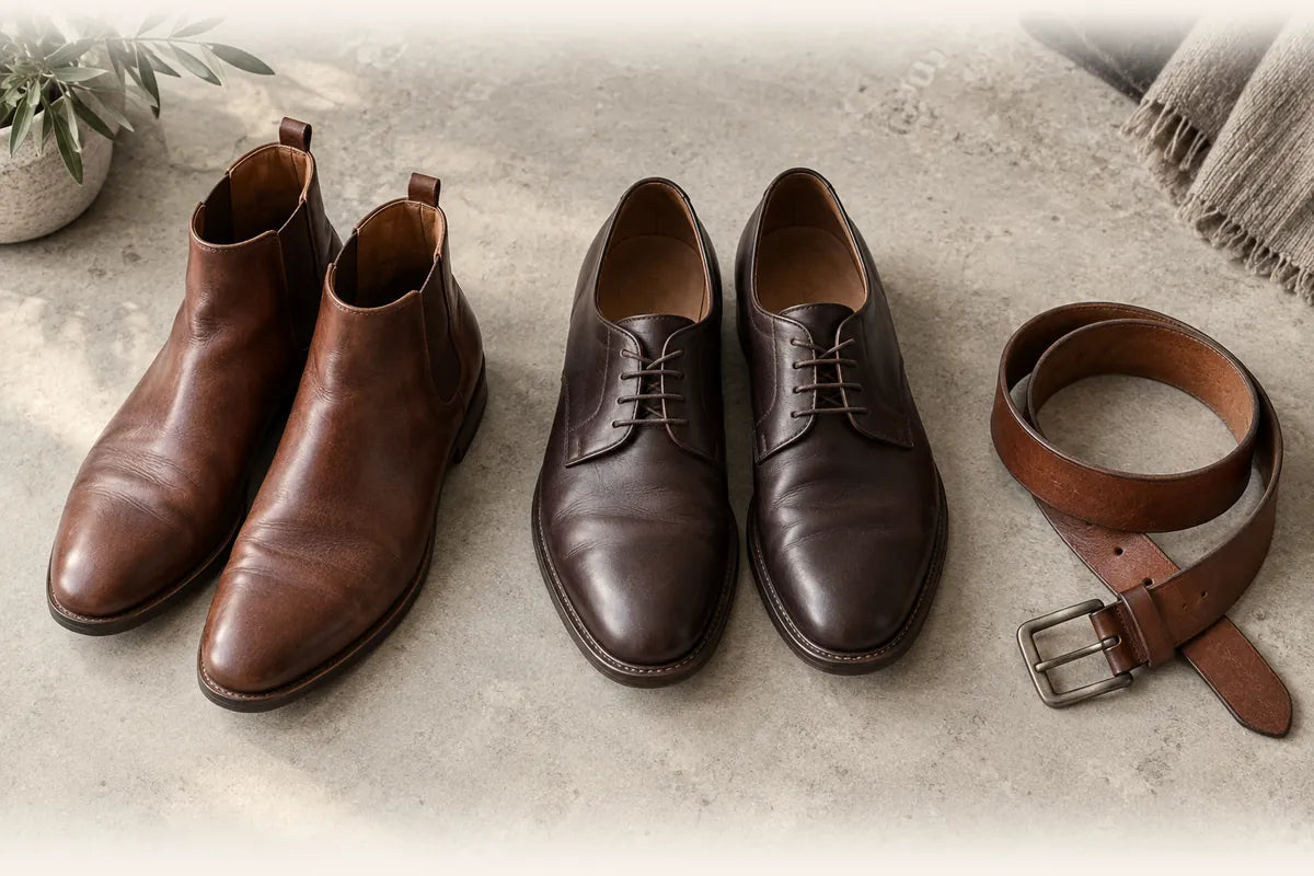Illustration of chestnut leather Chelsea boots, dark brown derby shoes and a brown belt on pale stone