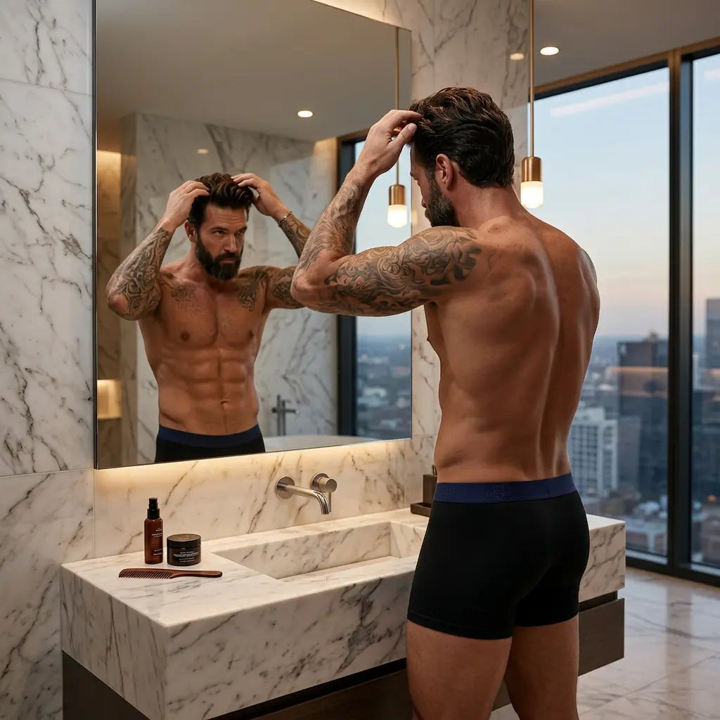 Rear view of black Ballroom boxer briefs with navy waistband on an adult model