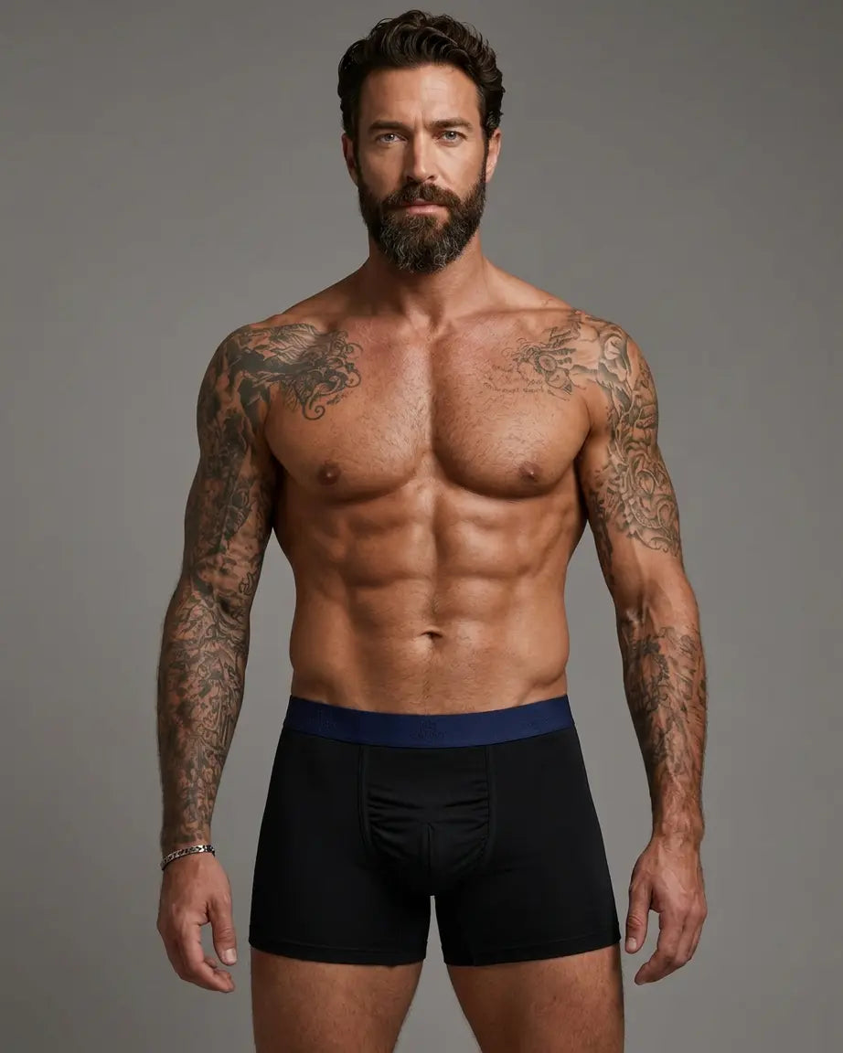 Front view of black Ballroom boxer briefs with navy waistband on an adult model