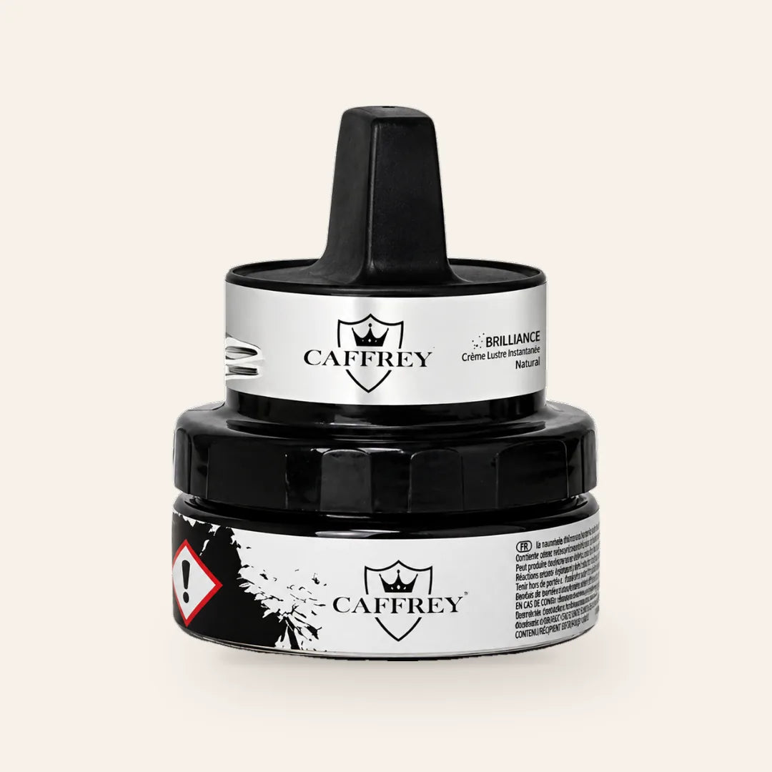 CAFFREY Brilliance Instant Shine Cream, Natural, in its closed jar with raised applicator handle.