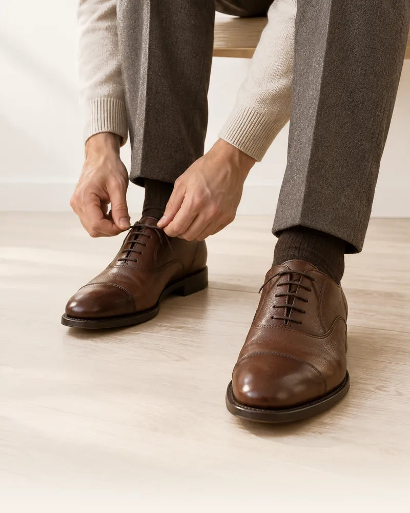 Illustration: hands lacing a brown leather cap-toe shoe in morning light, the other shoe's toe cap slightly dull