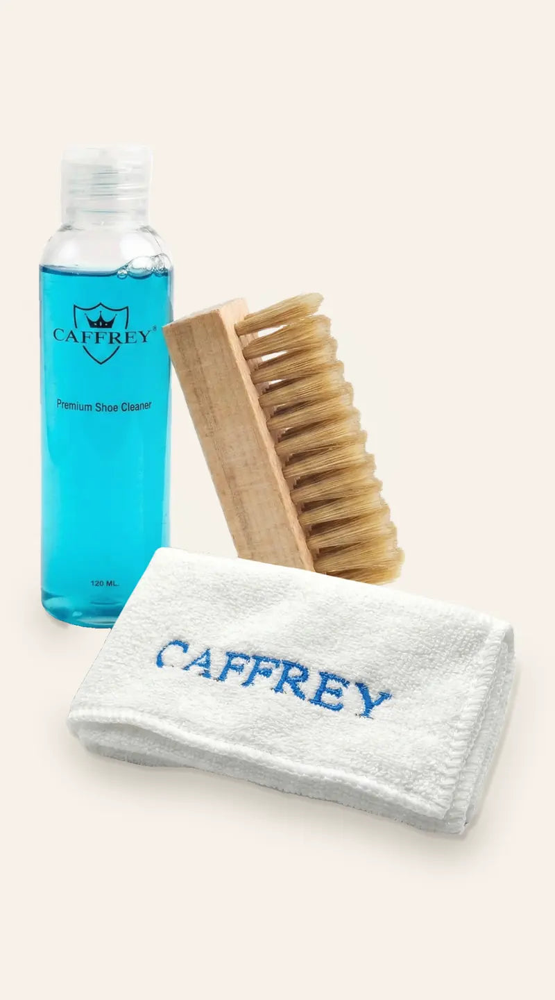CAFFREY Premium Shoe Cleaner 120 ml, wooden brush with tan bristles and white cloth with blue CAFFREY embroidery