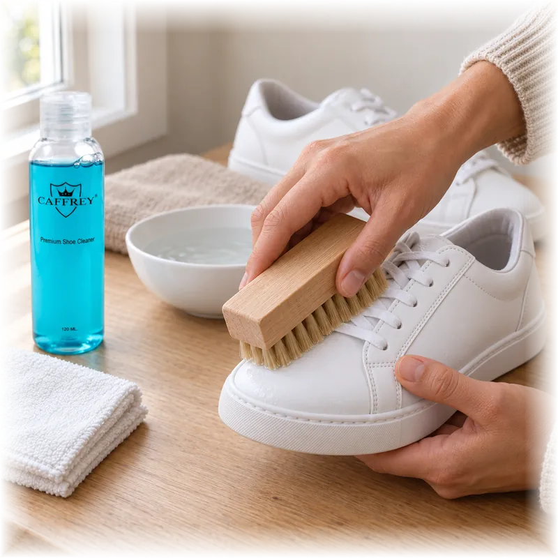 Wooden brush worked gently over the toe of a white sneaker