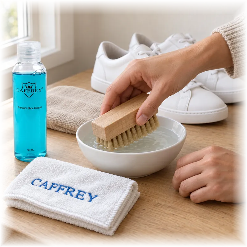 Wooden brush dipped in a bowl of water beside the CAFFREY cleaner, the cloth and a pair of white sneakers