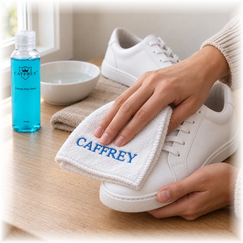 White CAFFREY cloth wiping the toe of a white sneaker