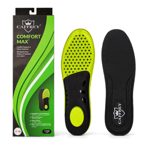 CAFFREY Comfort Max box and black-and-lime insoles