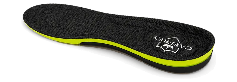 Comfort Max insole, heel toward the camera: deep heel cup, CAFFREY crest, lime layer between the fabric top and the black base