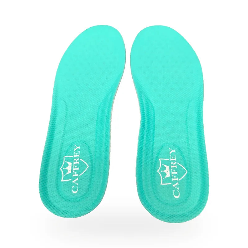 CAFFREY Odour Smart insoles: one pair seen from above, green fabric with the white CAFFREY crest at each heel