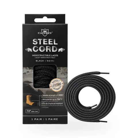CAFFREY Steelcord black boot laces beside their box
