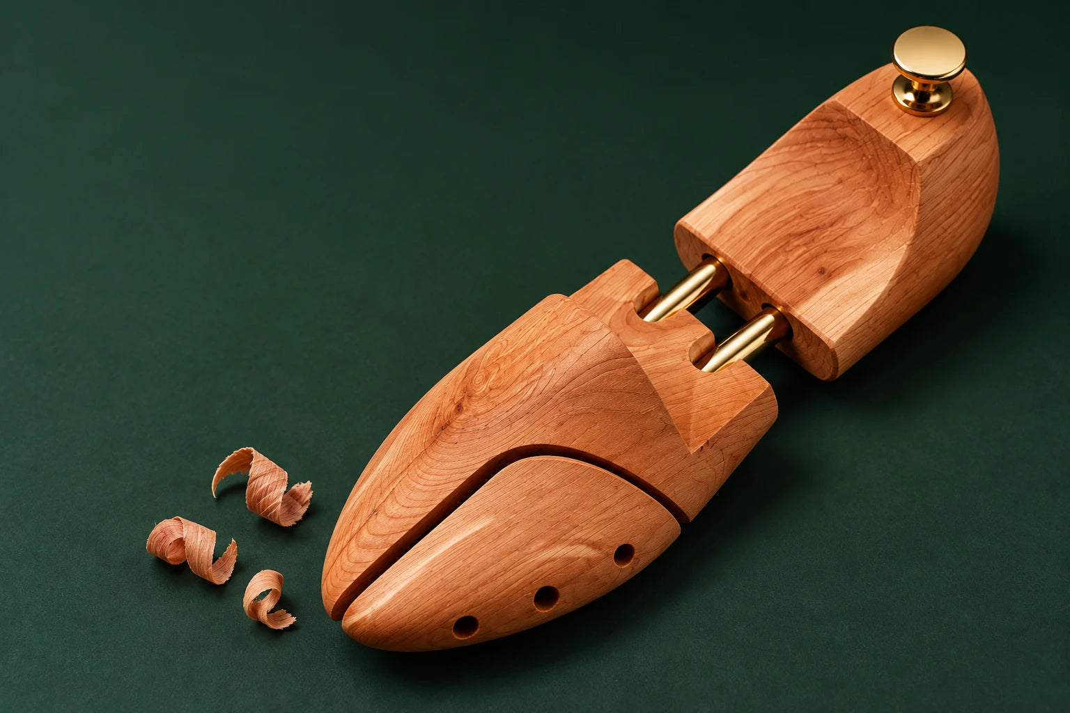 Cedar shoe tree with split toe, gold-coloured tubes and heel knob beside cedar shavings on deep green.