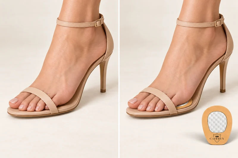 Cortona forefoot pad inside a sandal, shown beside the same sandal without a pad.