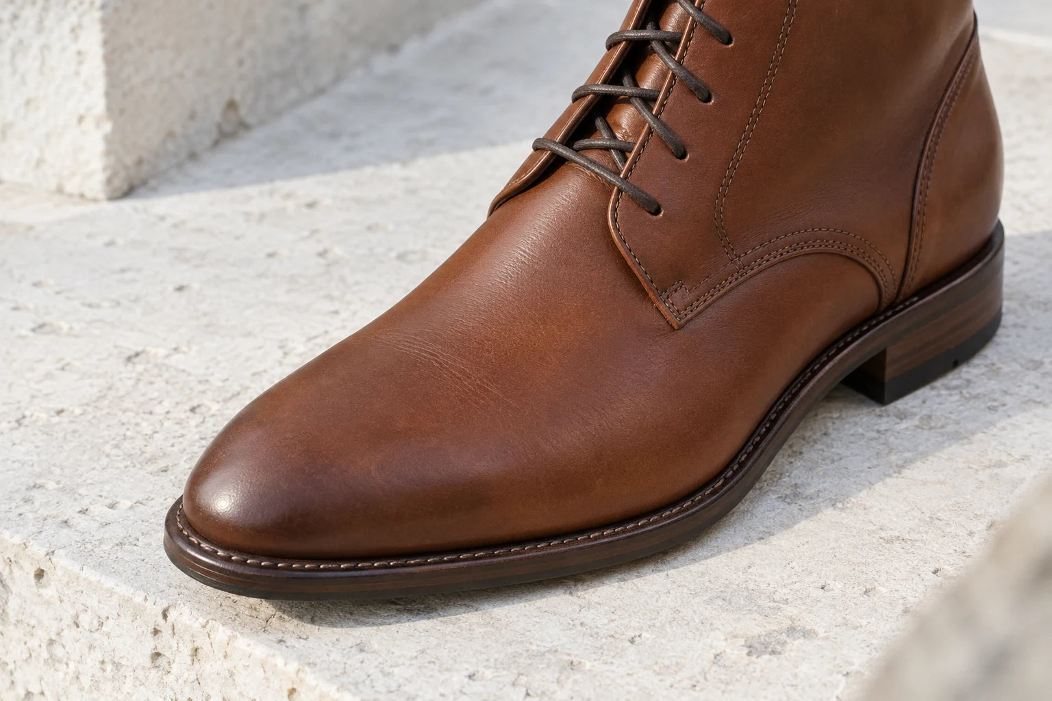 Editorial close-up of the grain and stitching on a smooth brown leather boot.