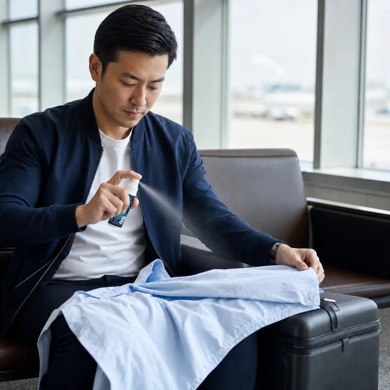 A traveller at an airport spraying a blue shirt with the compact 60 ml Caffrey DeWrinkle bottle
