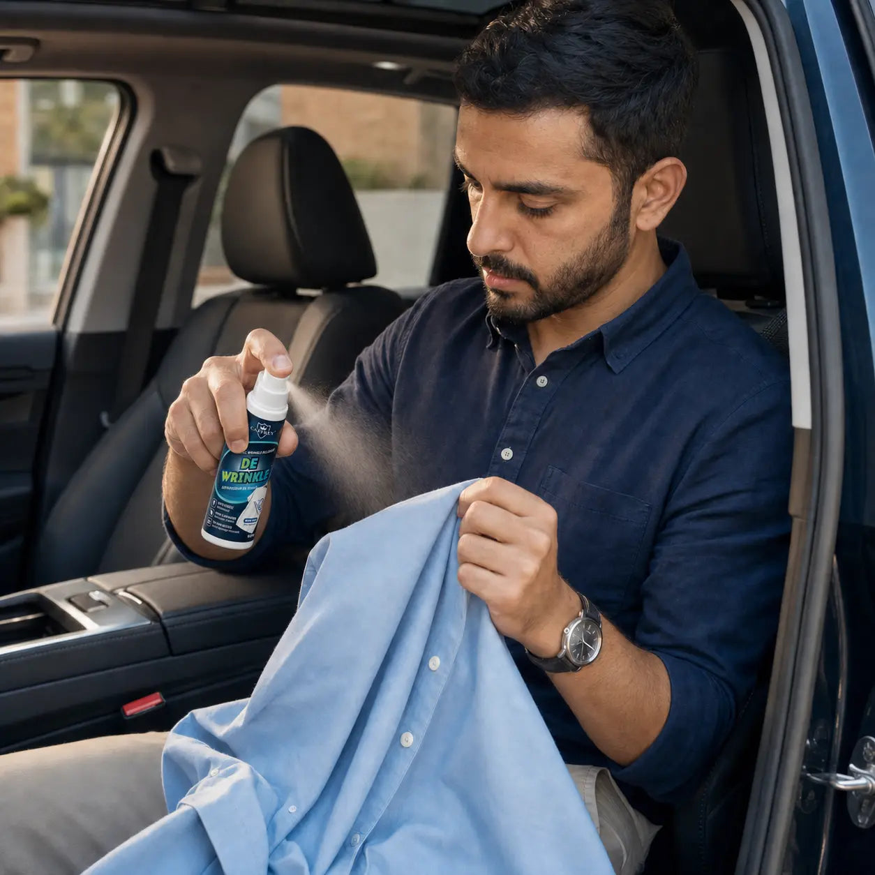 A man seated in a parked car spraying a blue shirt with the compact 60 ml Caffrey DeWrinkle bottle