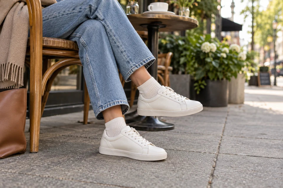 An adult in ivory closed sneakers and jeans at a neighbourhood cafe