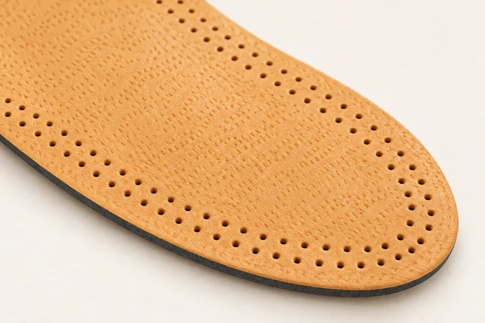 Close detail of Eleganza's tan leather grain, small perforations and thin dark backing