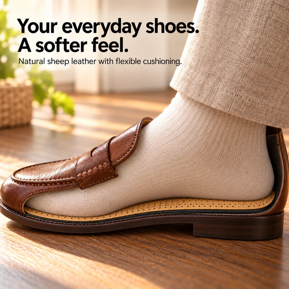 Your everyday shoes. A softer feel. Natural sheep leather with flexible cushioning.