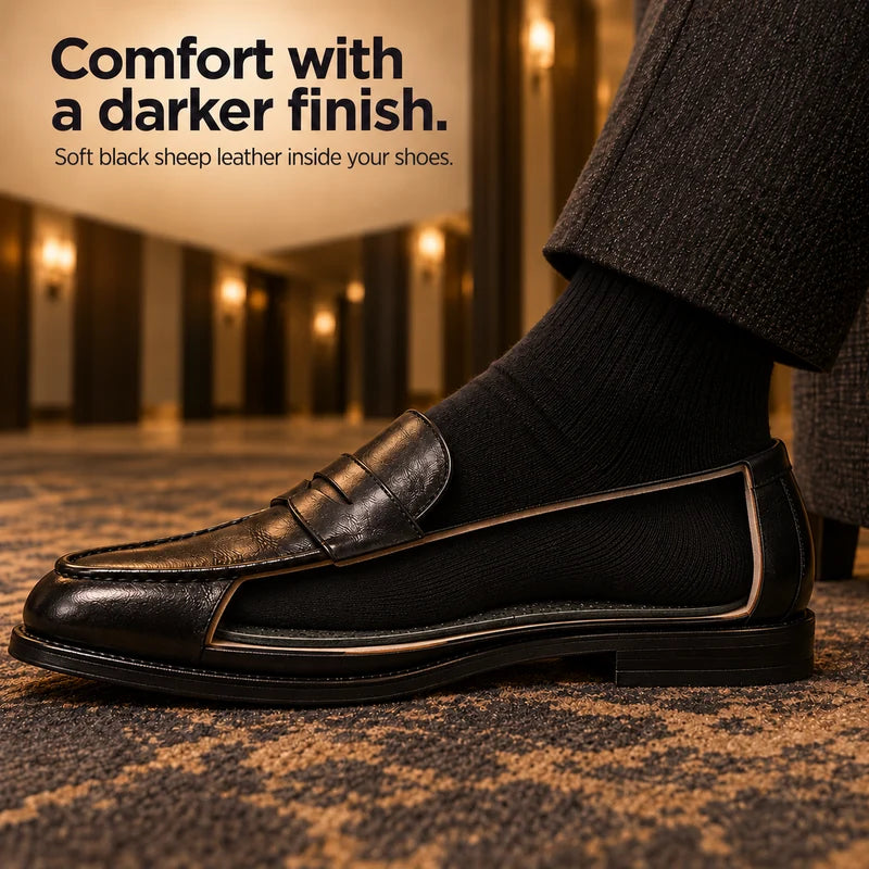 Comfort with a darker finish. Soft black sheep leather inside your shoes.
