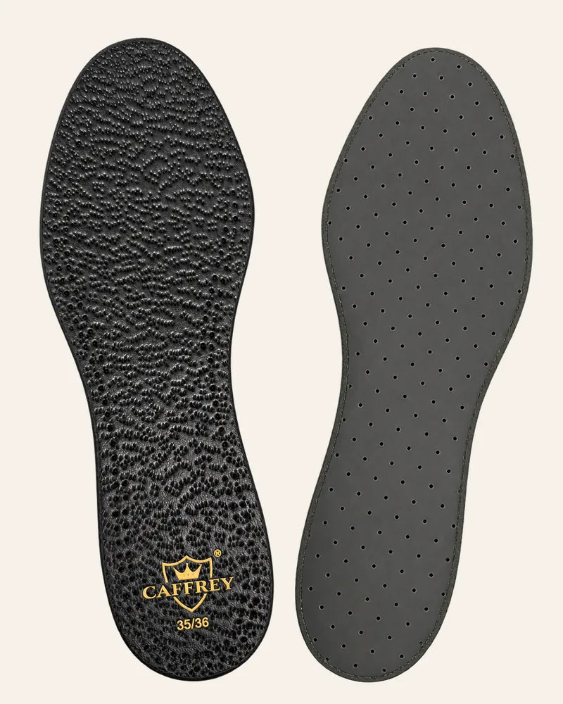 Eleganza Noire top and underside side by side: embossed black leather with gold crest, smooth perforated charcoal
