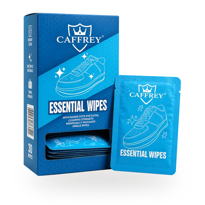CAFFREY Essential Wipes box of 30 beside an individually wrapped blue sachet