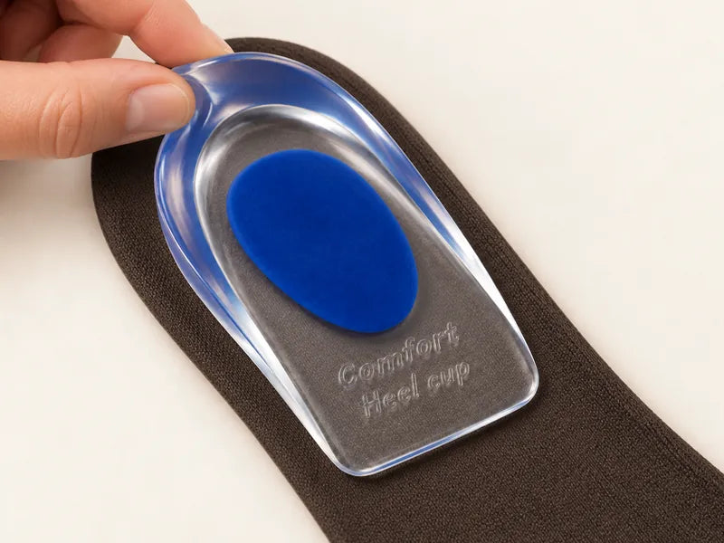 Illustration: fingers lifting one edge of a gel heel pad from a dark insole