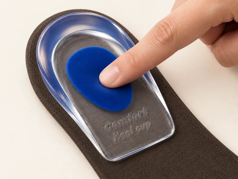 Illustration: a fingertip pressing the blue oval of a clear gel heel pad lying on a dark insole