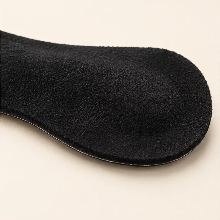 Close-up of the Black microsuede heel grip, with softly raised cushioning and a thin edge