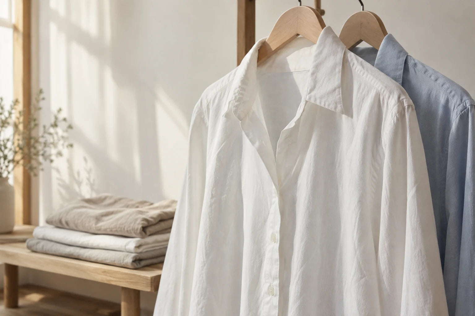 White and pale blue cotton shirts hanging beside folded linen