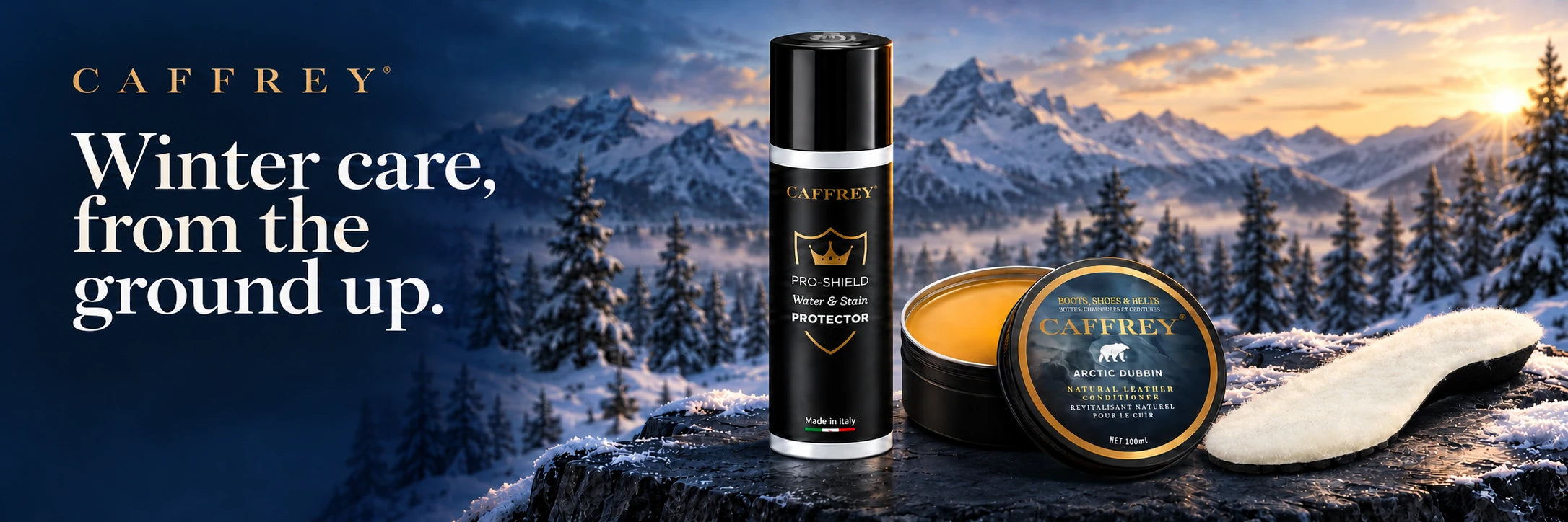 CAFFREY. Winter care, from the ground up. Pro-Shield spray, Arctic Dubbin and a Sirocco insole on a snowy mountain ledge.