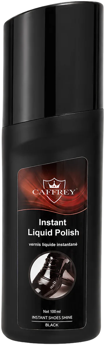 CAFFREY Instant Liquid Polish, Black: 100 ml bottle with a slanted black cap and a dark label