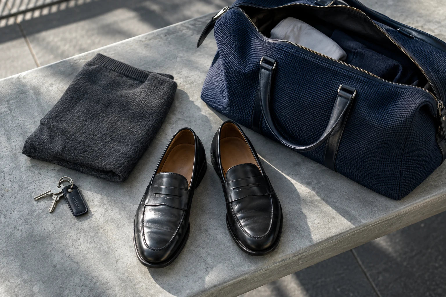 Black smooth-leather loafers beside a navy weekend bag and keys