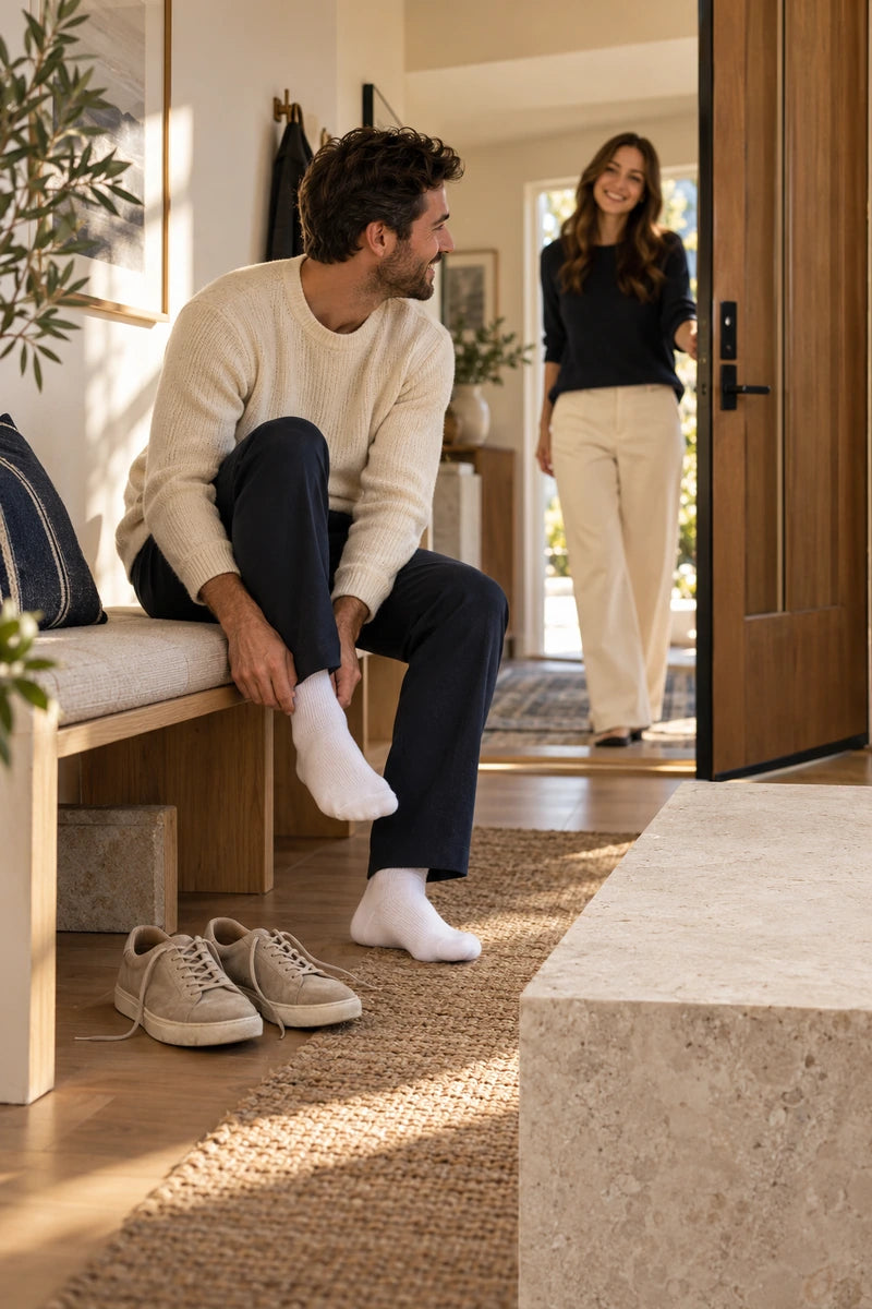 A guest takes off their shoes in a warm entryway while a friend welcomes them inside