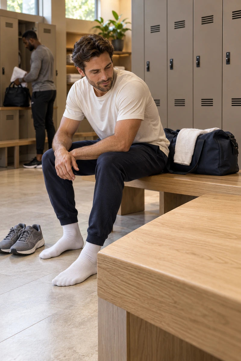An athlete relaxes in clean socks beside their trainers after a workout in a shared gym changing area