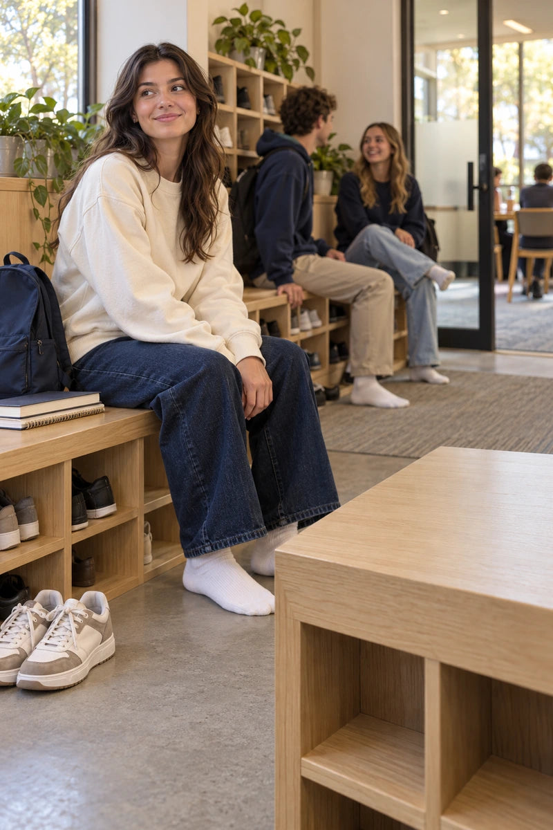 A student changes out of outdoor shoes beside classmates in a school shoe-change area