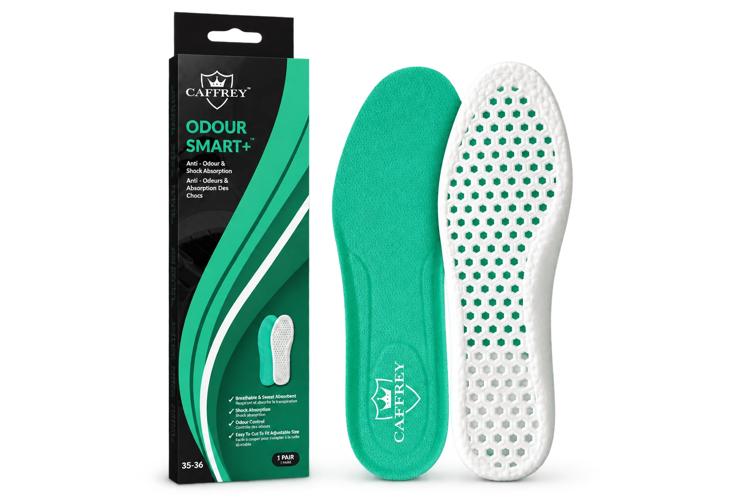 CAFFREY Odour Smart+ box beside the green and white insoles