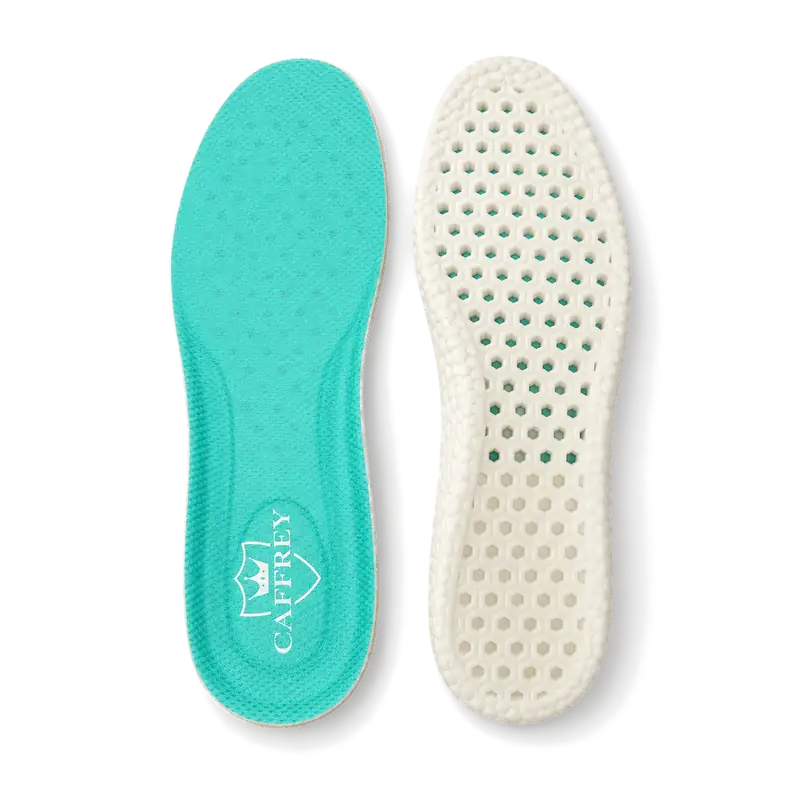 CAFFREY Odour Smart insoles on a dark background: green top on the left, white hexagon underside on the right